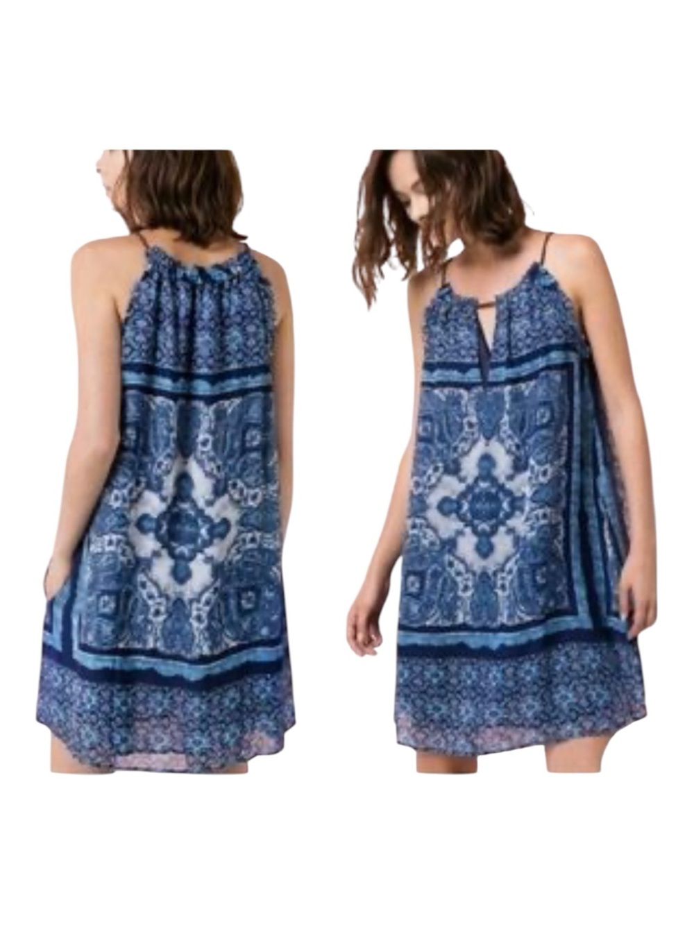 MNG blue floral bohemian mini dress size S